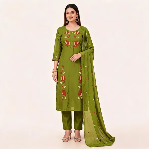 Green_Cotton_Embroidered_Straight_Kurta_Pant_Dupatta_Set_For_Women