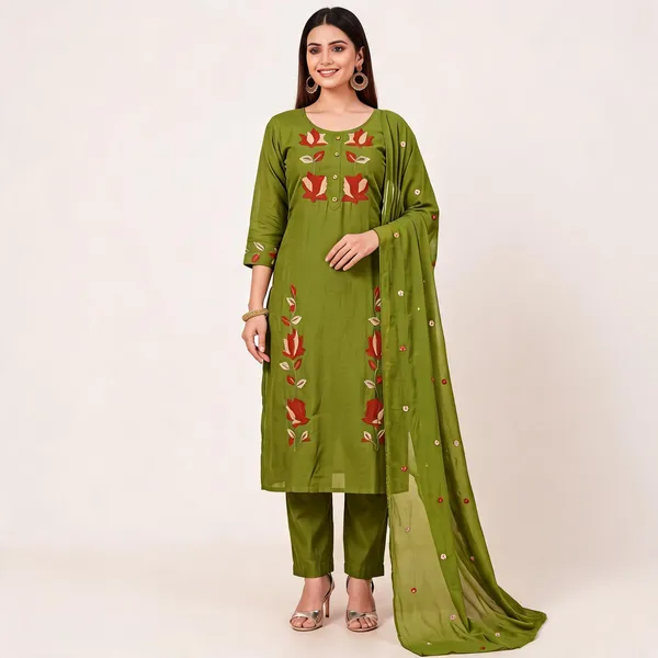 Green_Cotton_Embroidered_Straight_Kurta_Pant_Dupatta_Set_For_Women
