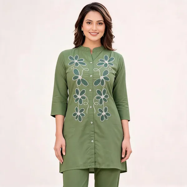 Green_Cotton_Floral_Embroidered_Kurta_Pant_Co-Ord_Set_For_Women