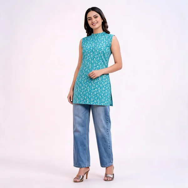 Teal_Cotton_Floral_Print_Sleeveless_Straight_Kurti_For_Women