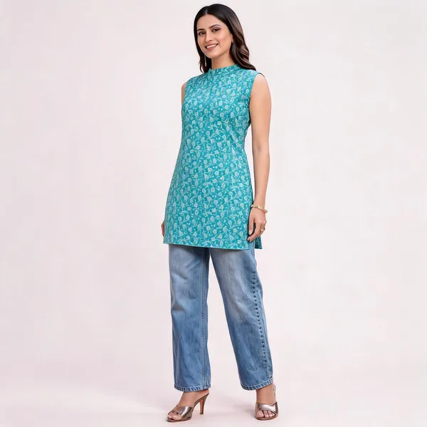 Teal_Cotton_Floral_Print_Sleeveless_Straight_Kurti_For_Women