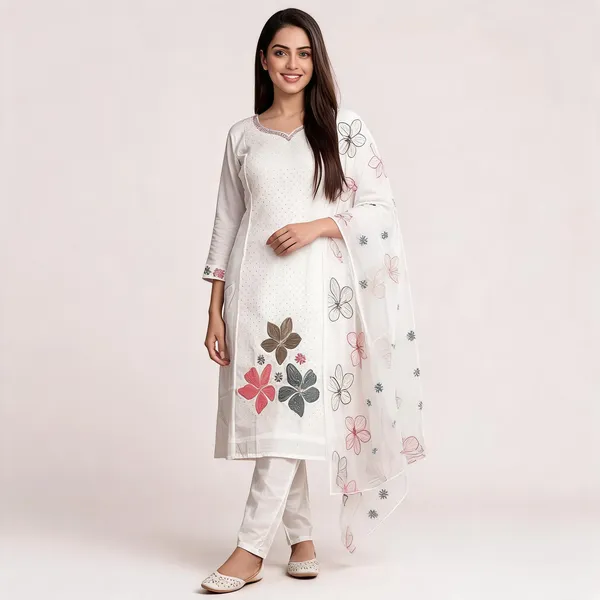White_Embroidered_Floral_Print_Kurta_Pant_Dupatta_Set_For_Women