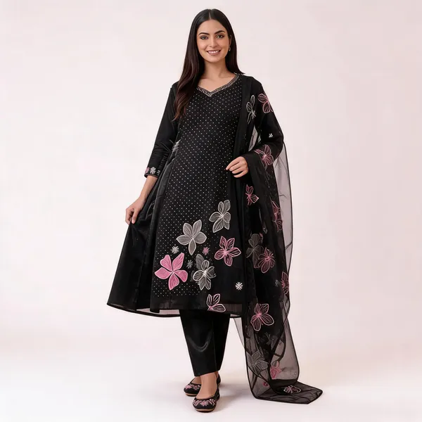 Black_Organza_Flared_Anarkali_Kurta_Pant_Dupatta_Set_For_Women