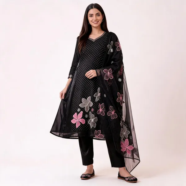 Black_Organza_Flared_Anarkali_Kurta_Pant_Dupatta_Set_For_Women