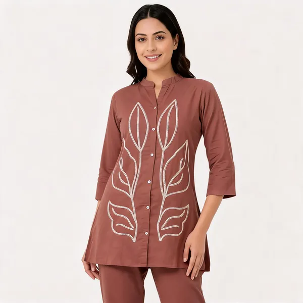 Rust_Cotton_Embroidered_Mandarin_Collar_Co-Ord_Set_For_Women