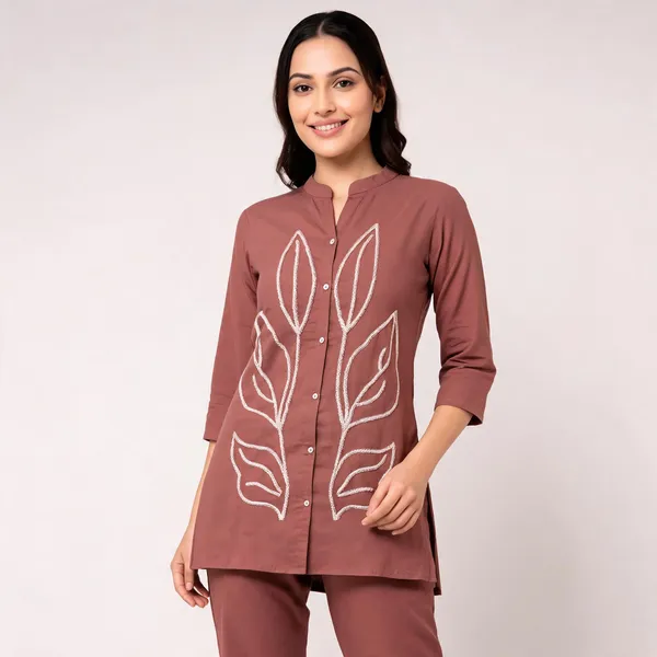 Rust_Cotton_Embroidered_Mandarin_Collar_Co-Ord_Set_For_Women