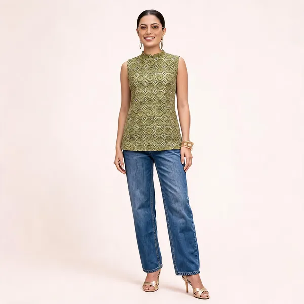 Green_Ethnic_Print_Sleeveless_High_Neck_Top_For_Women