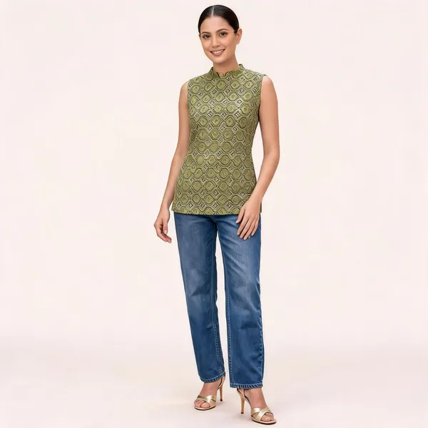 Green_Ethnic_Print_Sleeveless_High_Neck_Top_For_Women