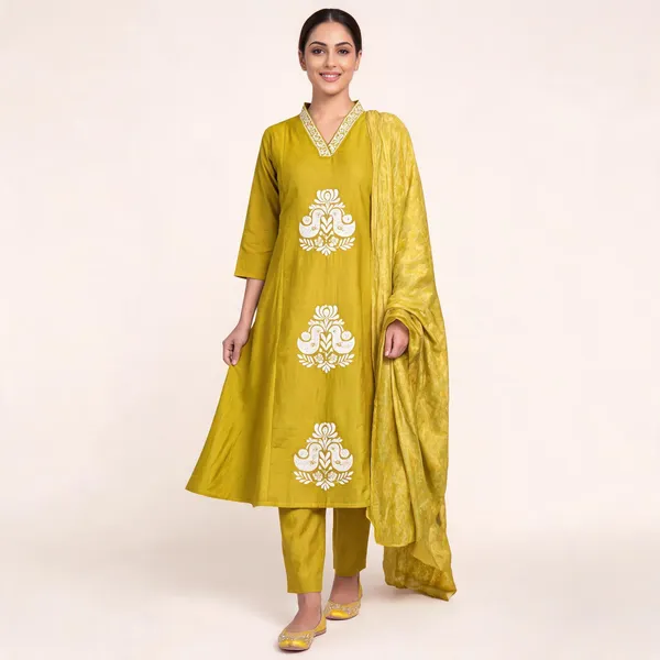 Mustard_Yellow_Flared_Anarkali_Kurta_Pant_Dupatta_Set_For_Women