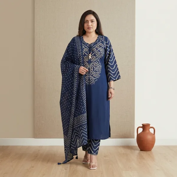 Navy_Blue_Cotton_Bandhani_Print_Kurta_Set_With_Dupatta_For_Women
