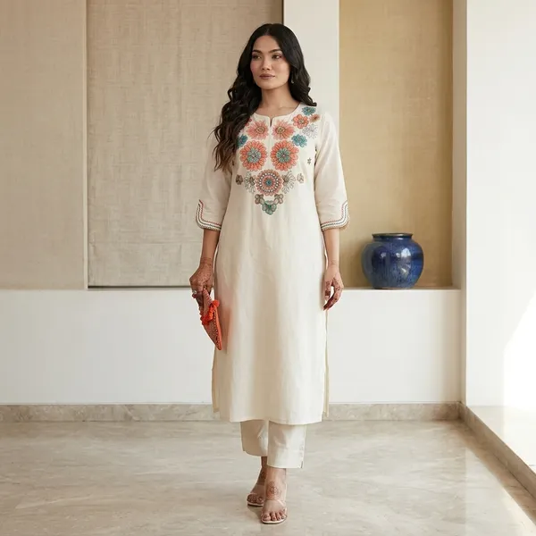 White_Cotton_Embroidered_Straight_Kurti_With_Pants_Set_For_Women