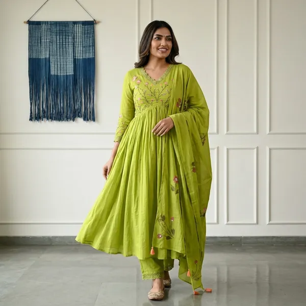 Olive_Green_Cotton_Floral_Embroidered_Anarkali_Kurta_Set_For_Women