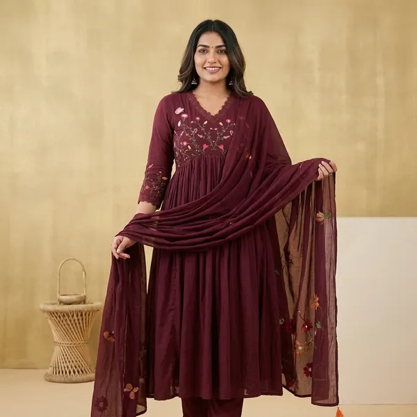 Maroon_Cotton_Floral_Embroidered_Anarkali_Kurta_Set_For_Women