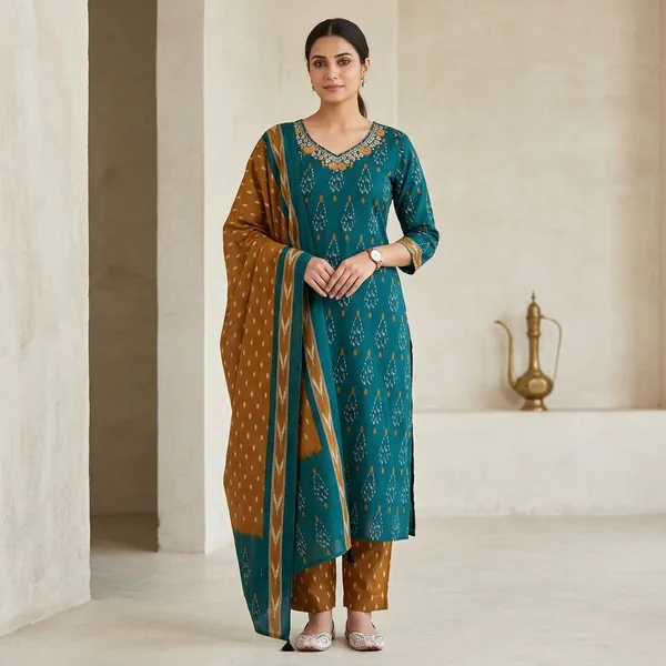 Teal_Blue_Cotton_Ikat_Printed_Kurta_Pant_Dupatta_Set_For_Women