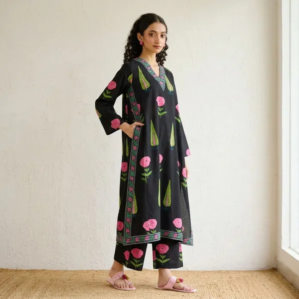 Black_Cotton_Floral_Embroidered_Kurta_Set_With_Dupatta_For_Women