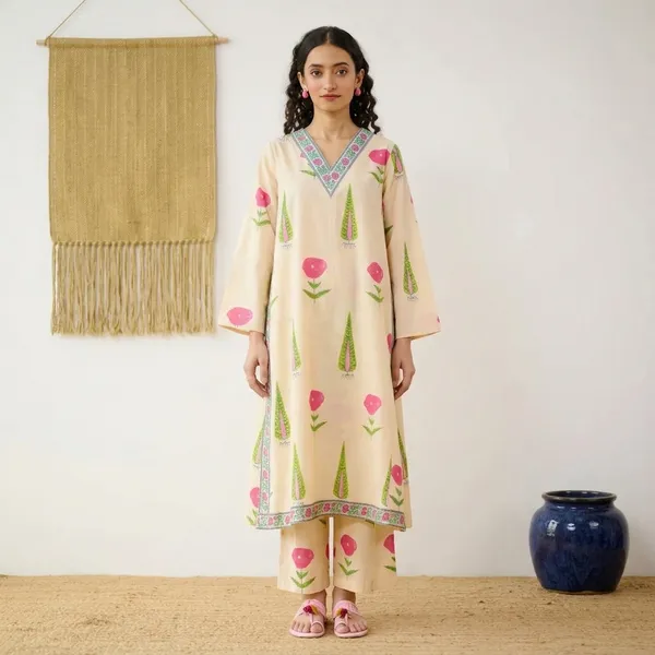 Cream_Cotton_Hand_Block_Print_Kurta_Set_With_Palazzo_And_Dupatta_For_Women