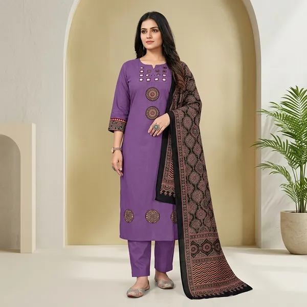 Purple_Cotton_Mirror_Work_Embroidered_Suit_Set_For_Women