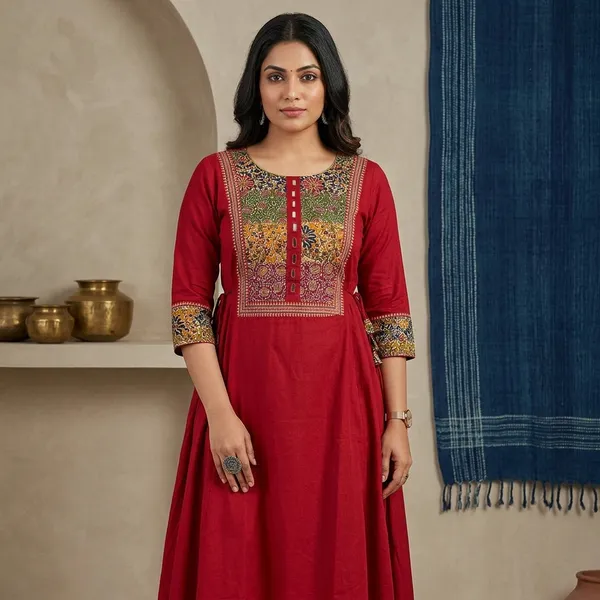 Red_Cotton_With_Embroidery_Anarkali_Kurti_For_Women