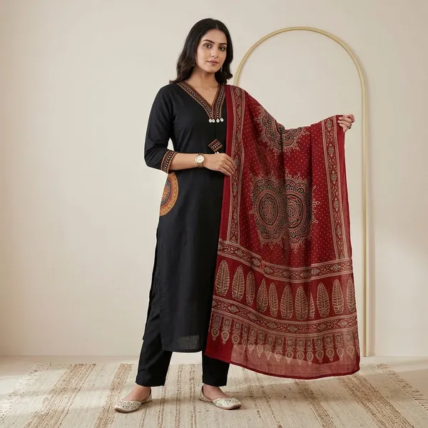 Black_Cotton_Straight_Embroidered_Kurti_Set_With_Dupatta_For_Women