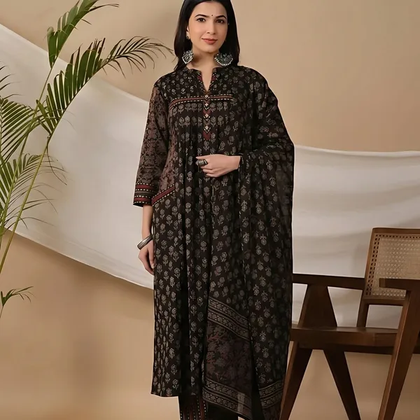 Black_Cotton_Anarkali_Block_Print_Kurta_Set_For_Women
