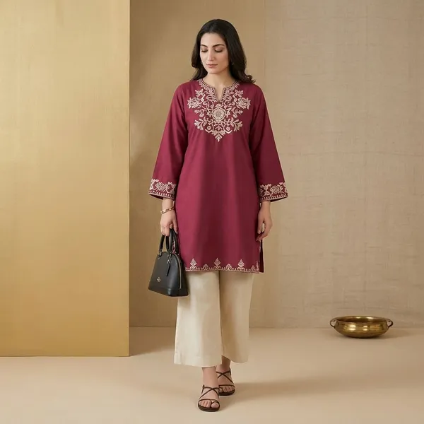 Maroon_Cotton_Gold_Embroidered_Kurta_With_Palazzo_Set_For_Women