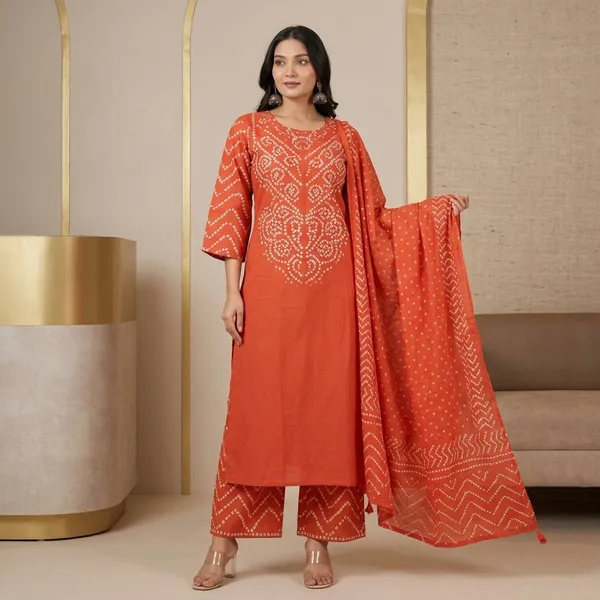 Orange_Cotton_Bandhani_Print_Kurta_Set_With_Dupatta_For_Women