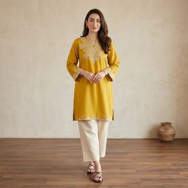 Mustard_Yellow_Cotton_Straight_Kurti_With_Off-White_Palazzo_For_Women