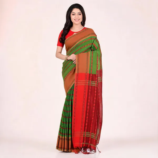 Green_Red_Cotton_Striped_Woven_Saree_For_Women