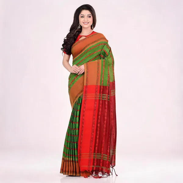 Green_Red_Cotton_Striped_Woven_Saree_For_Women