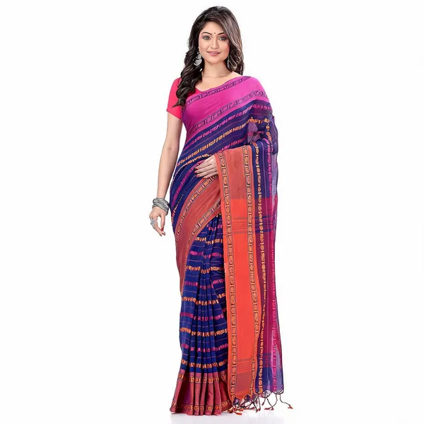 Deep_Blue_Cotton_Striped_Woven_Saree_For_Women