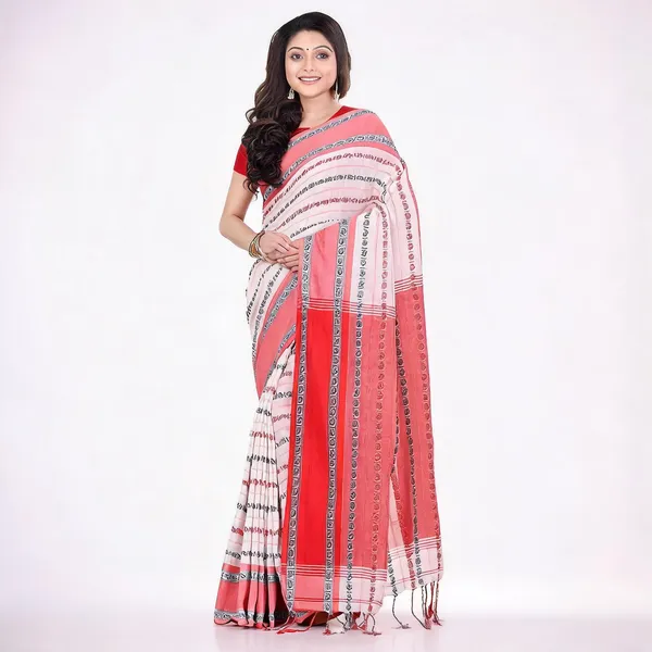 White_Red_Cotton_Striped_Woven_Saree_For_Women