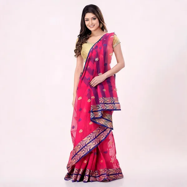 Pink_Cotton_Woven_Bengal_Tant_Saree_For_Women