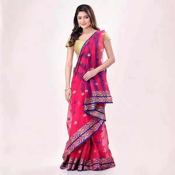 Pink_Cotton_Woven_Bengal_Tant_Saree_For_Women