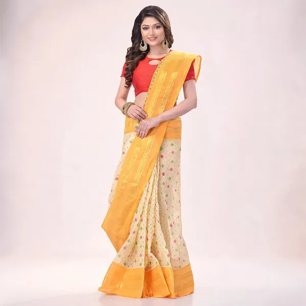 Yellow_Cotton_Woven_Jamdani_Saree_For_Women