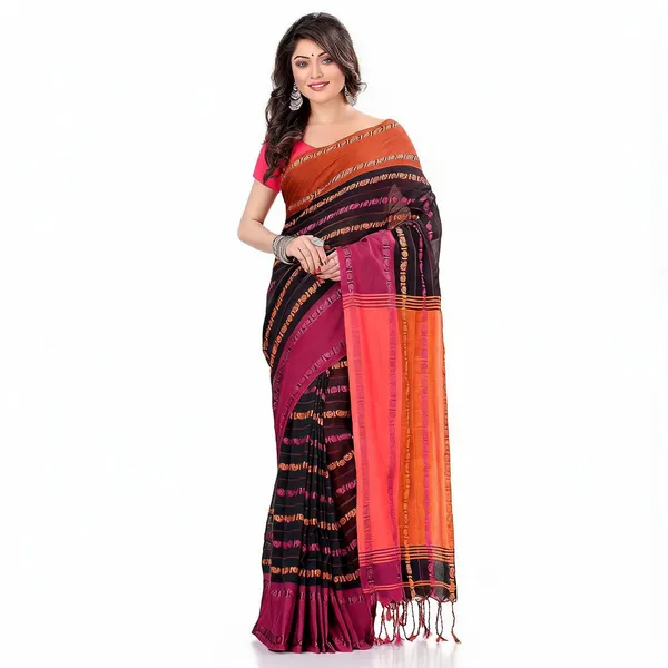 Black_Orange_Cotton_Striped_Woven_Saree_For_Women