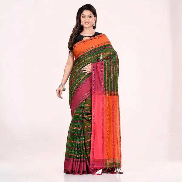 Green_Orange_Cotton_Woven_Striped_Saree_With_Blouse_For_Women