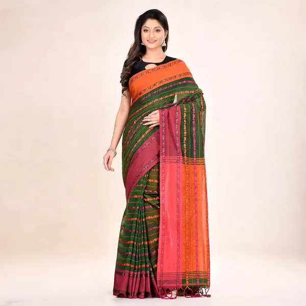 Green_Orange_Cotton_Woven_Striped_Saree_With_Blouse_For_Women