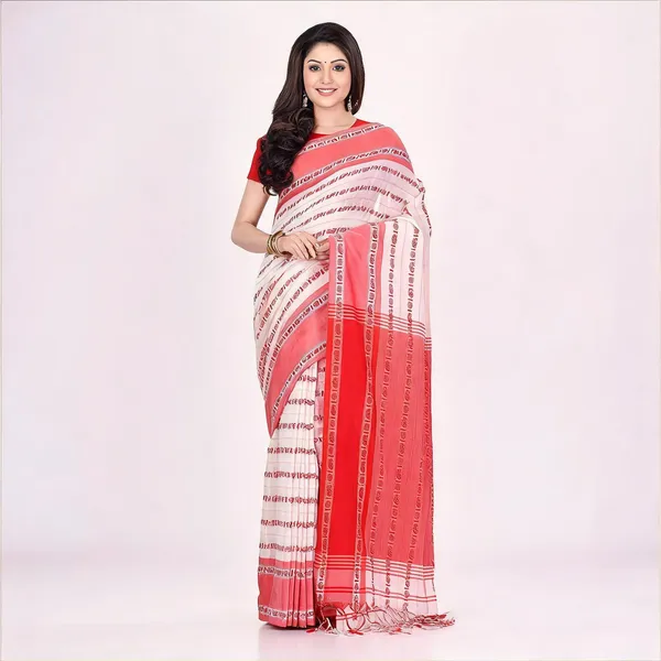 White_Red_Cotton_Striped_Woven_Saree_For_Women