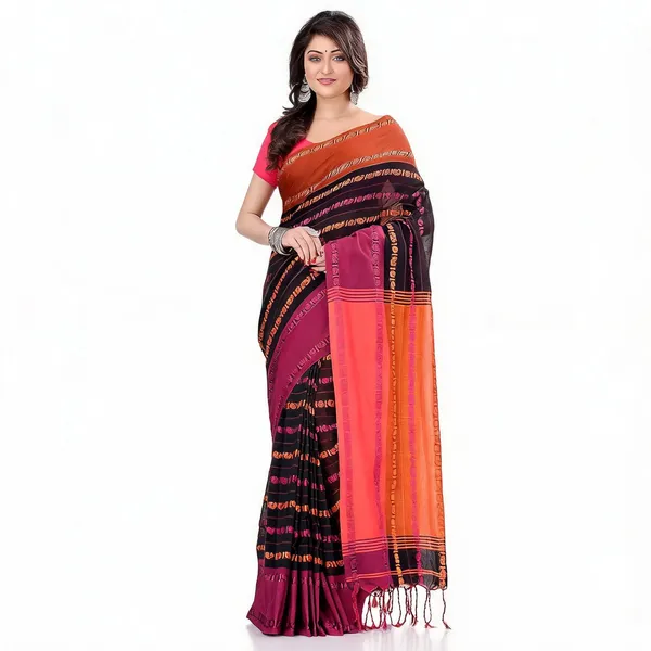 Black_Orange_Cotton_Striped_Woven_Handloom_Saree_With_Blouse_For_Women