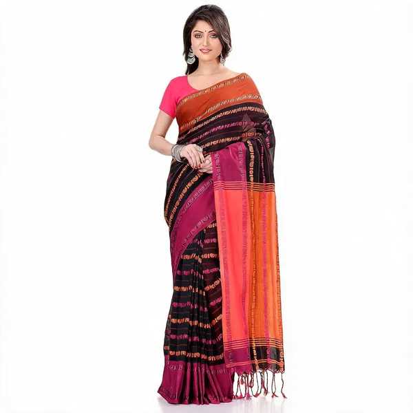 Black_Orange_Cotton_Striped_Woven_Handloom_Saree_With_Blouse_For_Women