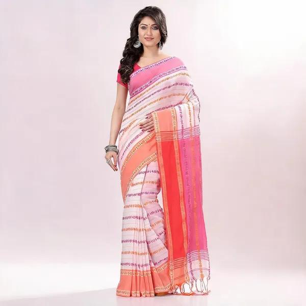White_Pink_Cotton_Bengamuri_Handloom_Saree_For_Women