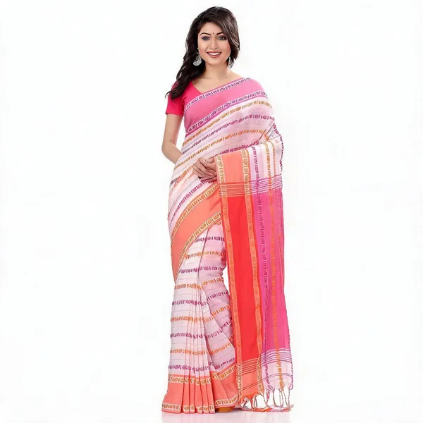 White_Pink_Cotton_Bengamuri_Handloom_Saree_For_Women