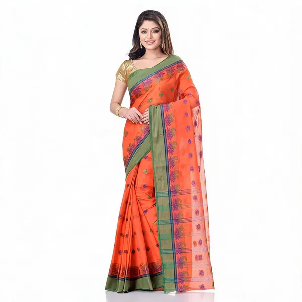 Orange_Cotton_Handloom_Tant_Saree_For_Women