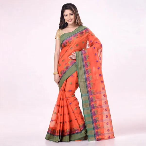 Orange_Cotton_Handloom_Tant_Saree_For_Women