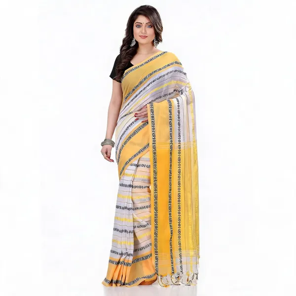 White_Yellow_Cotton_Striped_Woven_Saree_For_Women