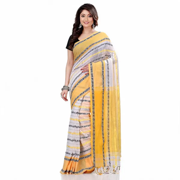 White_Yellow_Cotton_Striped_Woven_Saree_For_Women