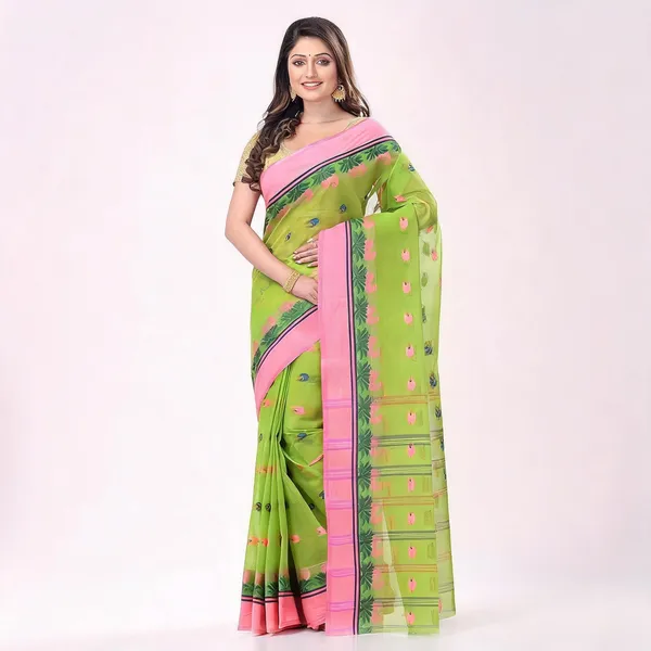 Green_Cotton_Tant_Handloom_Bengal_Traditional_Saree_For_Women