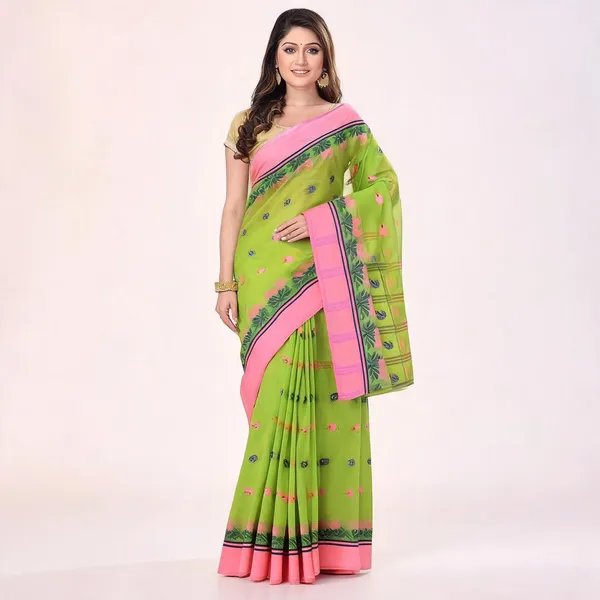 Green_Cotton_Tant_Handloom_Bengal_Traditional_Saree_For_Women