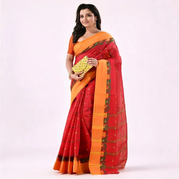 Red_Cotton_Handloom_Woven_Bengal_Tant_Saree_For_Women