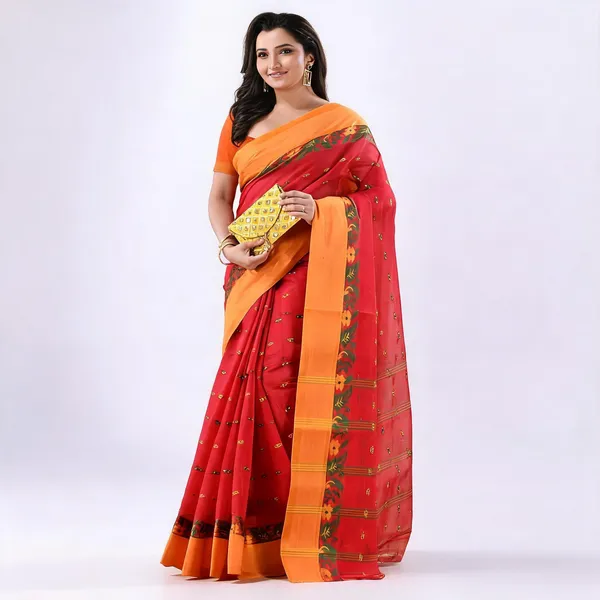 Red_Cotton_Handloom_Woven_Bengal_Tant_Saree_For_Women